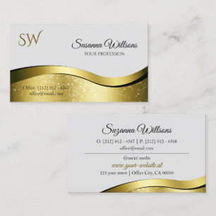 Noble Wavy Gold Decor on Light Gray with Monogram Business Card