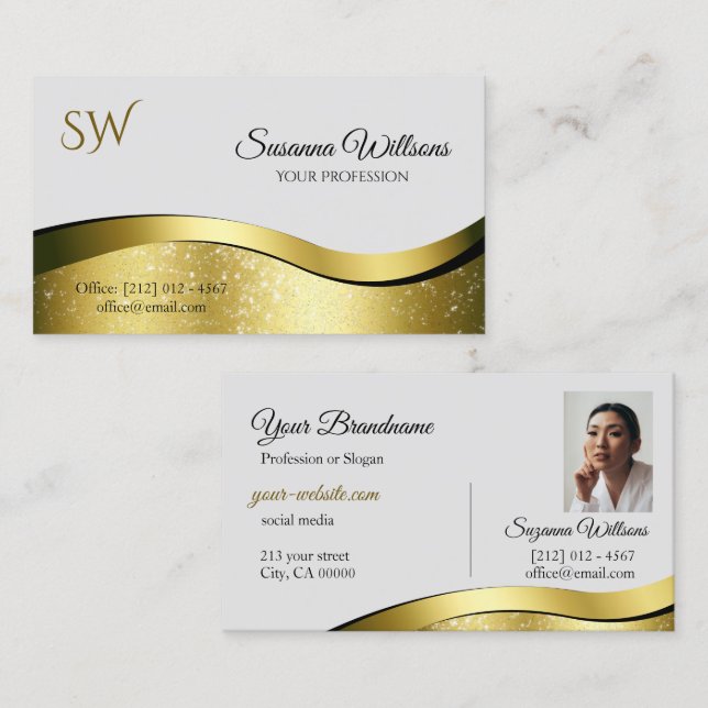 Noble Wavy Gold Decor on Light Grey Monogram Photo Business Card (Front/Back)