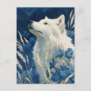 Noble White Wolf in Midnight Blue Garden Postcard