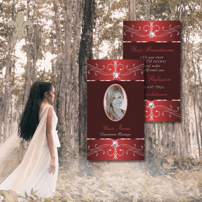Noble Wine Red Burgundy Ornate Ornament with Photo Business Card (Creator Uploaded)
