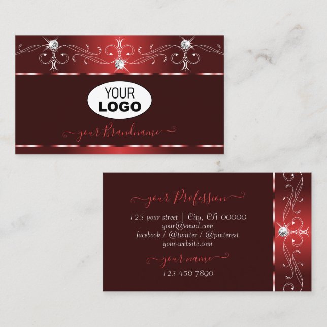 Noble Wine Red Squiggles Sparkle Diamonds Add Logo Business Card (Front/Back)