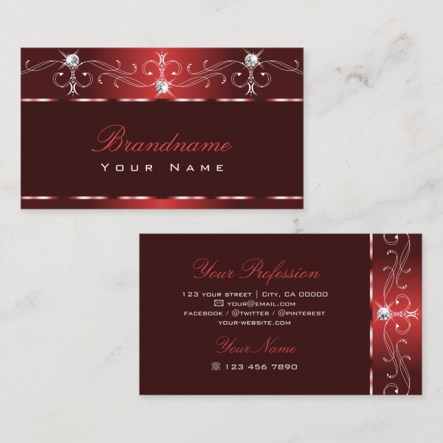 Noble Wine Red Squiggles Sparkle Diamonds Ornate Business Card (Front/Back)