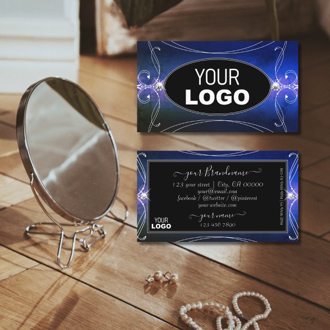 Nobly Black Blue Ornate Sparkle Diamonds with Logo Business Card (Creator Uploaded)