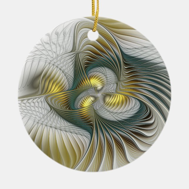Nobly Golden Teal Abstract Fantasy Fractal Art Ceramic Tree Decoration (Front)