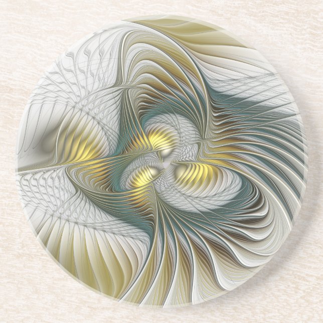 Nobly Golden Teal Abstract Fantasy Fractal Art Coaster (Front)
