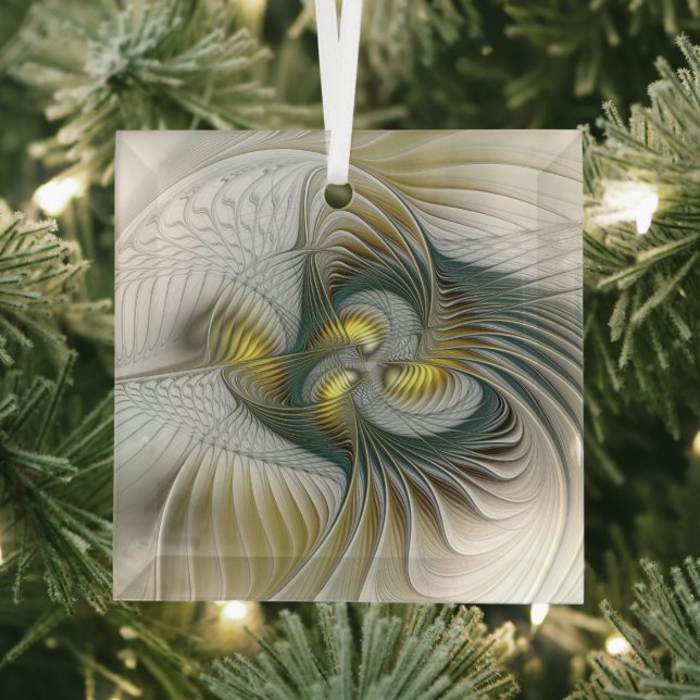 Nobly Golden Teal Abstract Fantasy Fractal Art Glass Tree Decoration (Insitu)