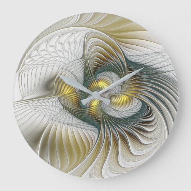 Nobly Golden Teal Abstract Fantasy Fractal Art Large Clock (Front)