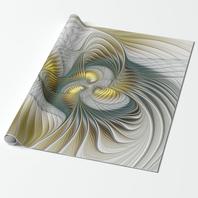 Nobly Golden Teal Abstract Fantasy Fractal Art Wrapping Paper (Unrolled)