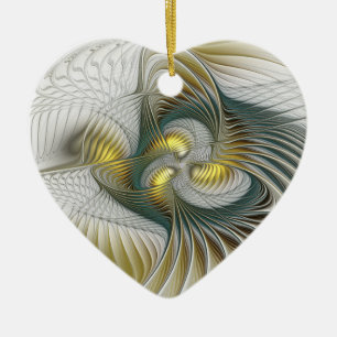 Nobly Golden Teal Abstract Fantasy Fractal Heart Ceramic Tree Decoration