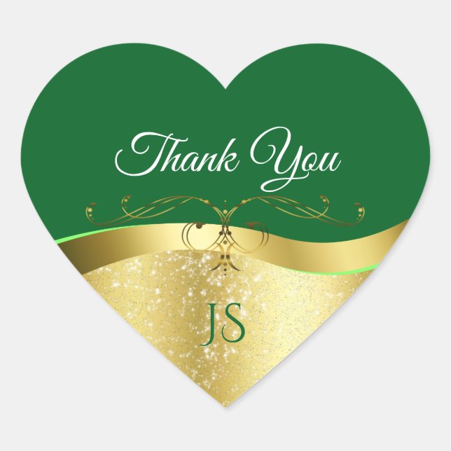 Nobly Wavy Gold Decor on Dark Green Thank You Heart Sticker (Front)