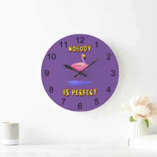 Nobody is perfect - flamingo with swimming ring large clock
