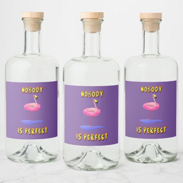 Nobody is perfect - flamingo with swimming ring liquor bottle label (Bottles)