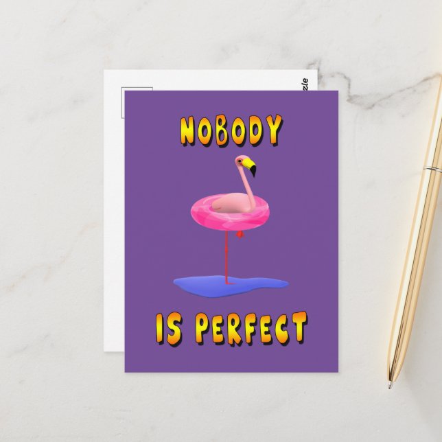 Nobody is perfect - flamingo with swimming ring postcard (Front/Back In Situ)