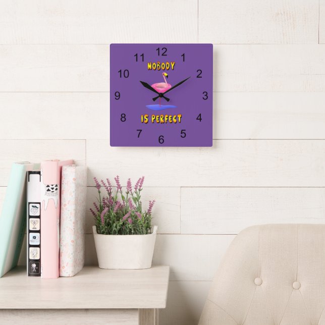 Nobody is perfect - flamingo with swimming ring square wall clock (Reading Room)