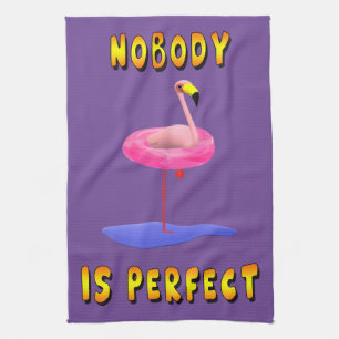Nobody is perfect - flamingo with swimming ring tea towel