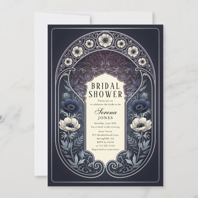 Nocturnal Anemone Floral Art Nouveau Bridal Shower Invitation (Front)