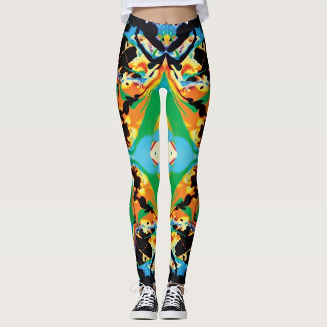 Nocturnal Butterflies yellow, blue, black splatter Leggings (Front)
