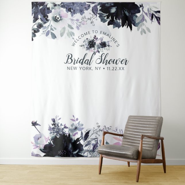 Nocturnal Floral Bridal Shower Photo Prop Backdrop Tapestry (In Situ)