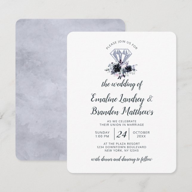 Nocturnal Floral Diamond Dusty Blue Wedding Invitation (Front/Back)