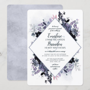 Nocturnal Floral Dusty Blue Diamond Frame Wedding Invitation