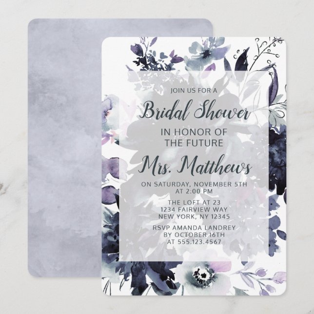 Nocturnal Floral Dusty Blue & Navy Bridal Shower Invitation (Front/Back)