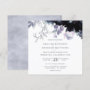 Nocturnal Floral Dusty Blue Square Wedding Invitation
