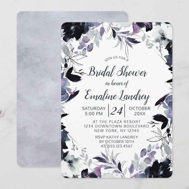 Nocturnal Floral Dusty Blue Wedding Bridal Shower Invitation (Front/Back)