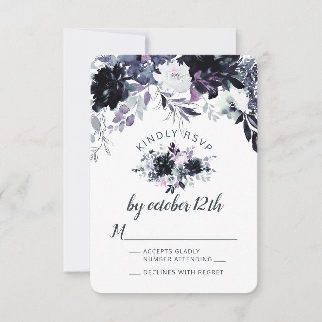 Nocturnal Floral Dusty Blue Wedding RSVP Reply Card (Front)