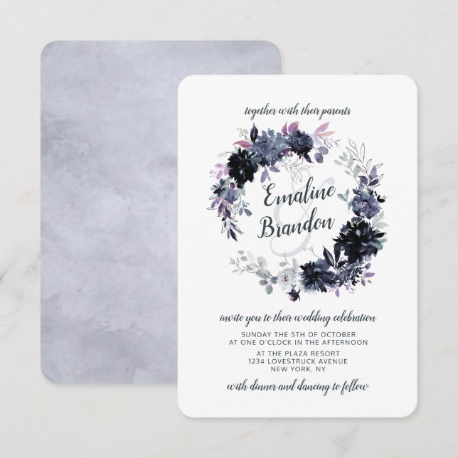 Nocturnal Floral Dusty Blue Wreath Wedding Invitation (Front/Back)