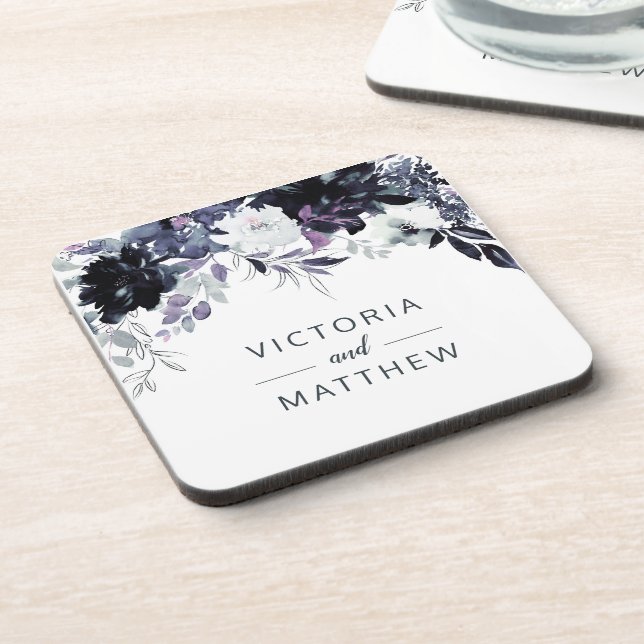 Nocturnal Floral Framed Navy Blue Wedding Monogram Coaster (Left Side)