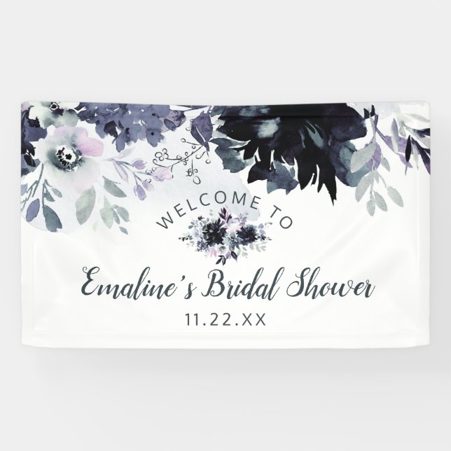 Nocturnal Floral Navy Blue Bridal Shower Welcome Banner (Horizontal)