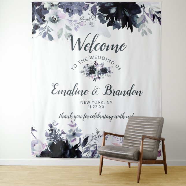 Nocturnal Floral Navy Blue Chic Wedding Welcome Tapestry (In Situ)