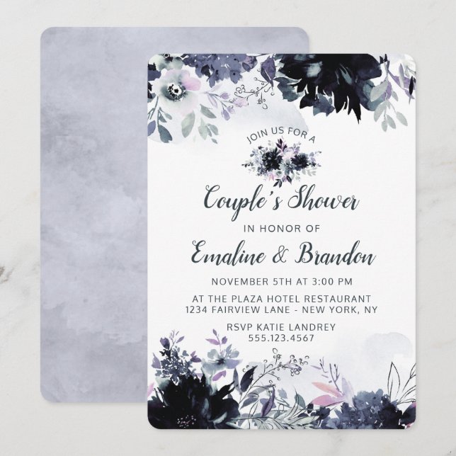 Nocturnal Floral Navy Blue Couple's Wedding Shower Invitation (Front/Back)