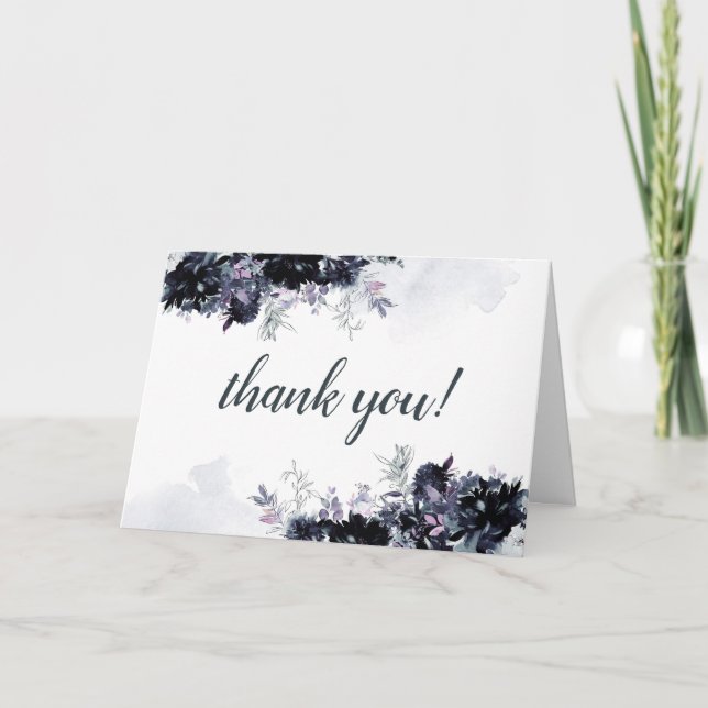 Nocturnal Floral Navy Blue Custom Wedding Photo Thank You Card (Front)