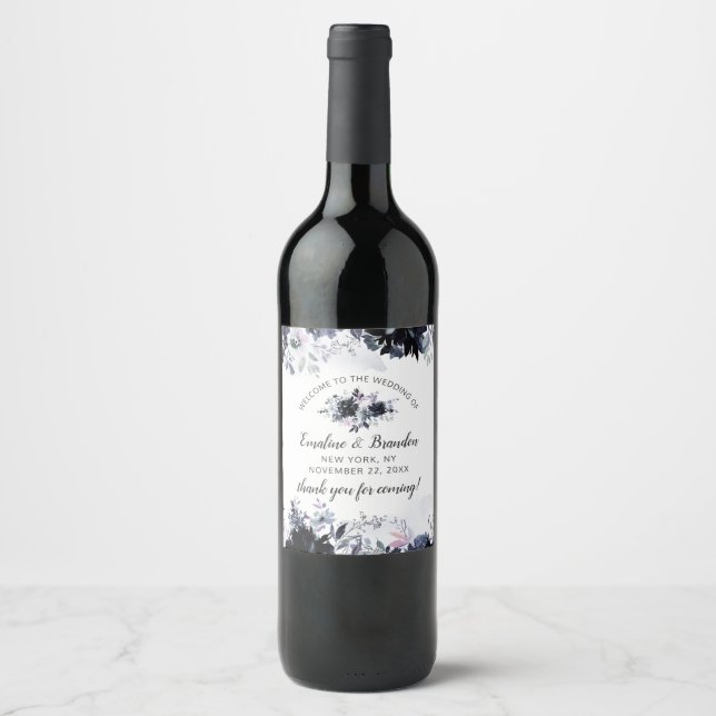 Nocturnal Floral Navy Blue Elegant Wedding Welcome Wine Label (Front)