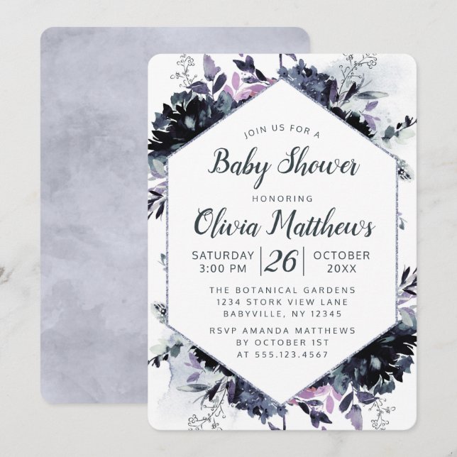 Nocturnal Floral Navy Blue & Grey Baby Girl Shower Invitation (Front/Back)