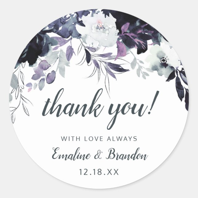 Nocturnal Floral Navy Blue Wedding Thank You Classic Round Sticker (Front)
