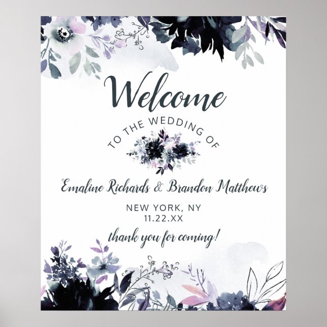 Nocturnal Floral Navy Blue Wedding Welcome Sign (Front)