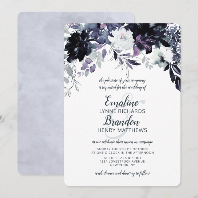 Nocturnal Floral Navy Dusty Blue Floral Wedding Invitation (Front/Back)