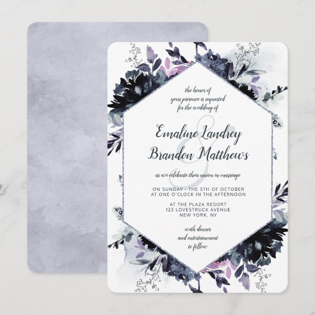 Nocturnal Floral Navy Dusty Blue Hexagon Wedding Invitation (Front/Back)