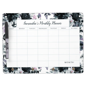 Nocturnal Floral Navy Monthly Planner Calendar Dry Erase Board With Key Ring Holder