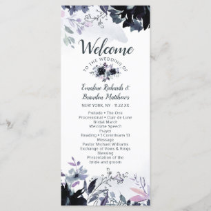 Nocturnal Floral Navy Watercolor Wedding Ceremony Programme