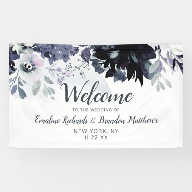 Nocturnal Floral Navy Watercolor Wedding Welcome Banner (Horizontal)