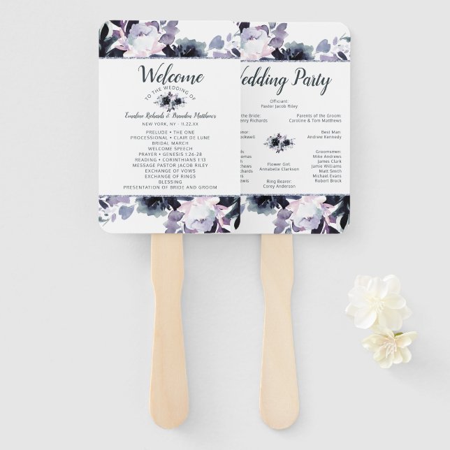 Nocturnal Floral Navy Wedding Ceremony Program Hand Fan (Front and Back)