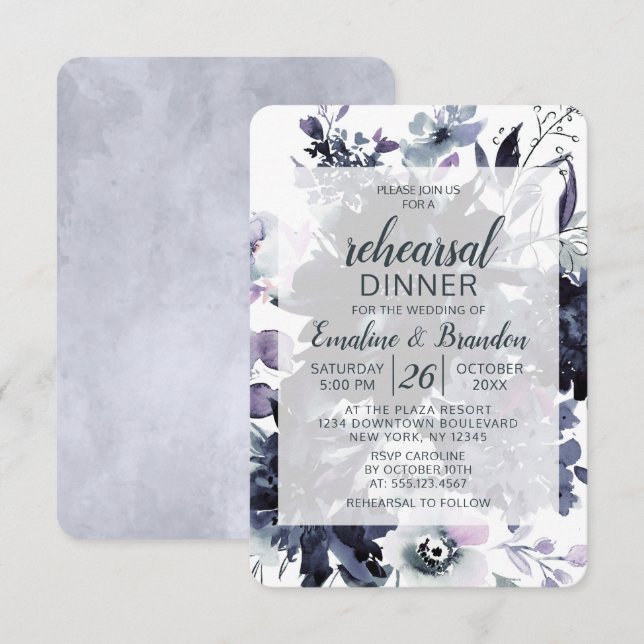 Nocturnal Floral Navy Wedding Rehearsal Dinner Invitation (Front/Back)