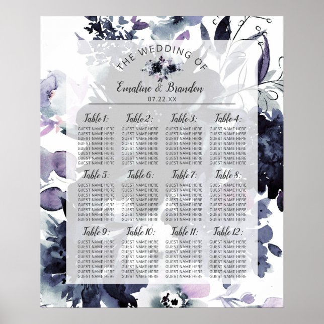 Nocturnal Floral Navy Wedding Table Seating Chart (Front)