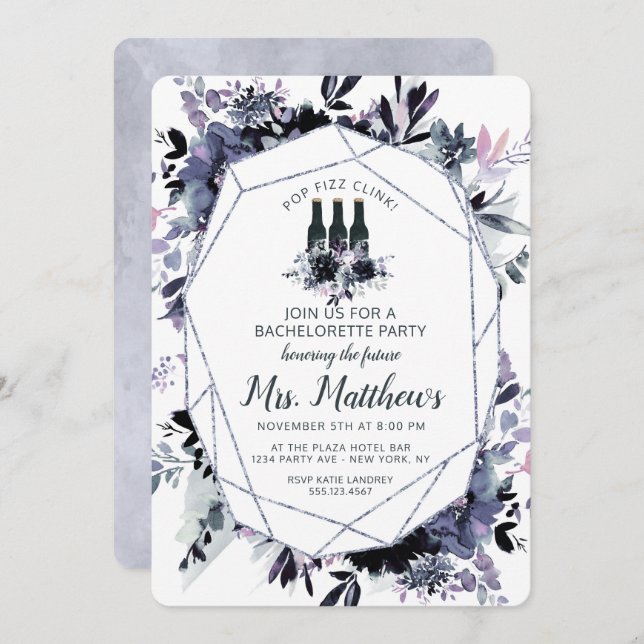 Nocturnal Floral Pop Fizz Clink Bachelorette Party Invitation (Front/Back)