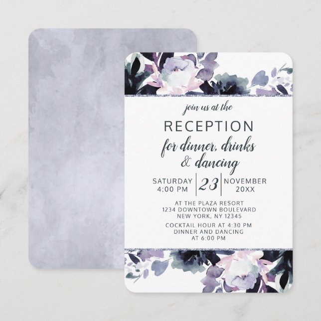 Nocturnal Floral Silver Frame Wedding Reception Invitation (Front/Back)