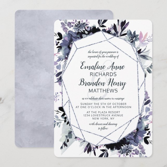 Nocturnal Floral Silver Gem Dusty Blue Wedding Invitation (Front/Back)