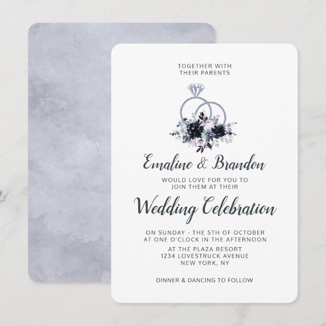 Nocturnal Floral Silver Sparkle Rings Wedding Invitation (Front/Back)
